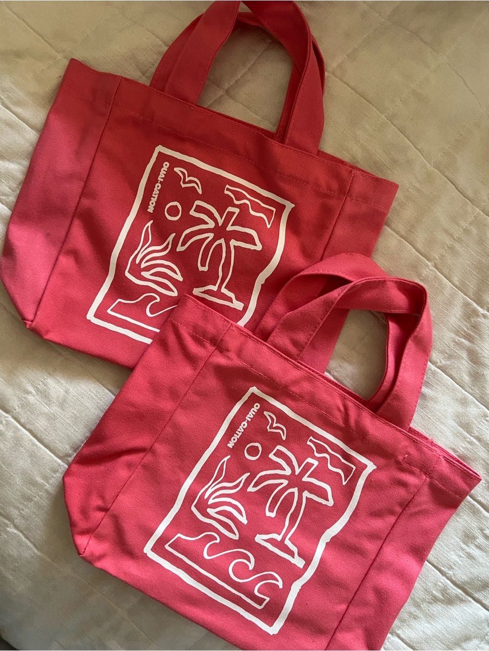 Canvas Tote Bag with Tropical Print - Pink Set of 2